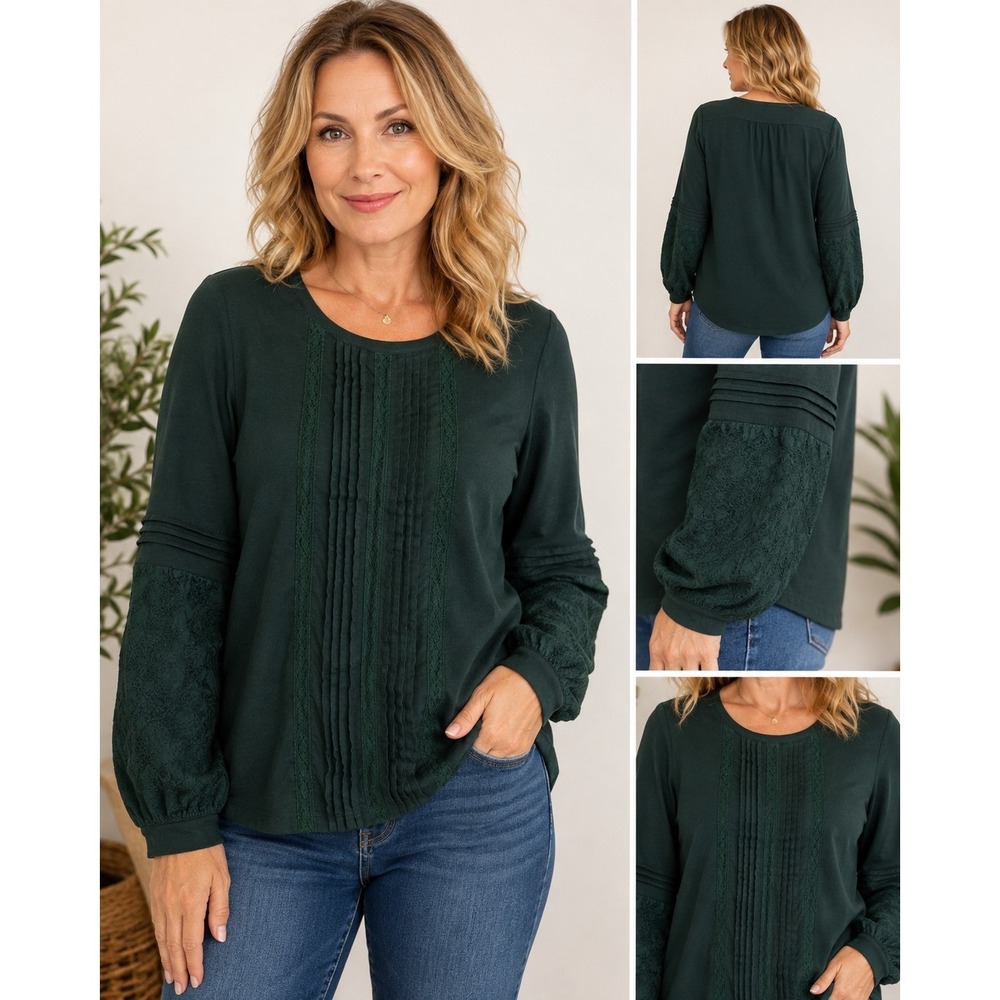 Lands' End Women Medium‎ Green Pintuck Lace Blouse Balloon Sleeve Stretch Top M
